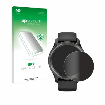 Face avant d’un emballage produit avec le logo de la marque upscreen. À côté, l’appareil Garmin Vivomove Trend est représenté 