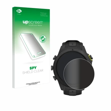Face avant d’un emballage produit avec le logo de la marque upscreen. À côté, l’appareil Garmin Marq Athlete Gen 2 est représe
