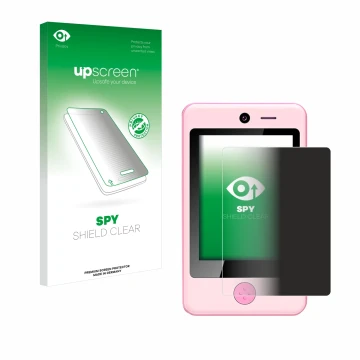 Face avant d’un emballage produit avec le logo de la marque upscreen. À côté, l’appareil Pthtechus Children’s Smartphone est r