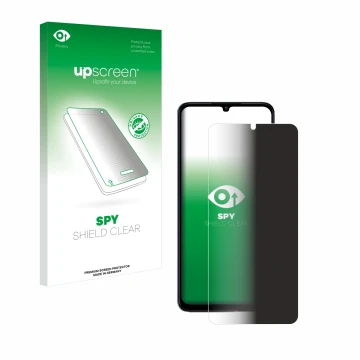 Face avant d’un emballage produit avec le logo de la marque upscreen. À côté, l’appareil Xiaomi Poco C65 est représenté avec l