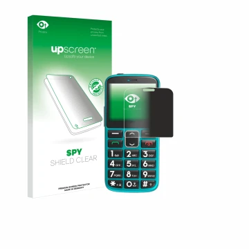 Face avant d’un emballage produit avec le logo de la marque upscreen. À côté, l’appareil Uleway Seniorenhandy est représenté a