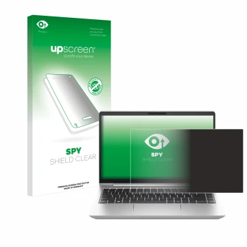 Face avant d’un emballage produit avec le logo de la marque upscreen. À côté, l’appareil HP ProBook 445 G10 est représenté ave