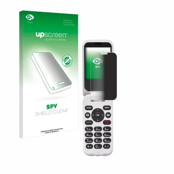 Face avant d’un emballage produit avec le logo de la marque upscreen. À côté, l’appareil Doro 6820 est représenté avec la prot