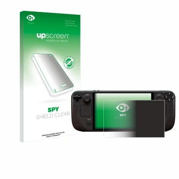 Face avant d’un emballage produit avec le logo de la marque upscreen. À côté, l’appareil Valve Steam Deck OLED est représenté 