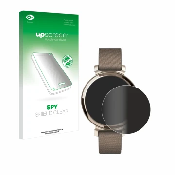 Face avant d’un emballage produit avec le logo de la marque upscreen. À côté, l’appareil Garmin Lily 2 est représenté avec la 