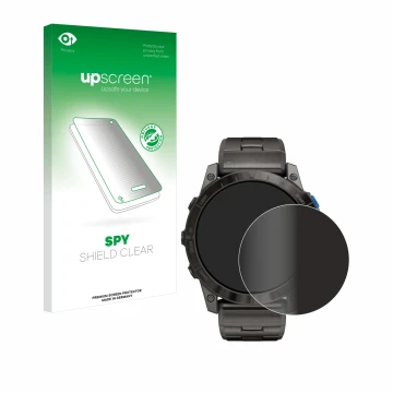 Face avant d’un emballage produit avec le logo de la marque upscreen. À côté, l’appareil Garmin D2 Mach1 Pro est représenté av