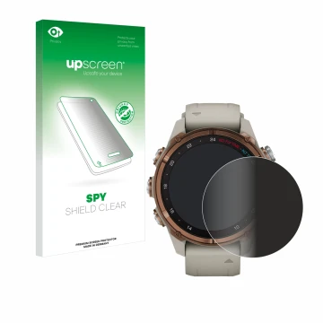 Face avant d’un emballage produit avec le logo de la marque upscreen. À côté, l’appareil Garmin Descent Mk3 (43 mm) est représ
