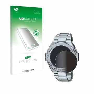 Face avant d’un emballage produit avec le logo de la marque upscreen. À côté, l’appareil Casio G-Shock GST-B500D-1A est représ