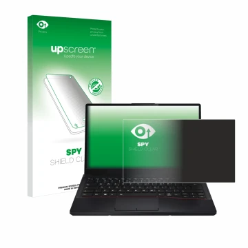 Face avant d’un emballage produit avec le logo de la marque upscreen. À côté, l’appareil Fujitsu Lifebook E5412 est représenté
