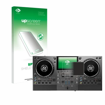 Face avant d’un emballage produit avec le logo de la marque upscreen. À côté, l’appareil Numark Mixstream Pro Go est représent