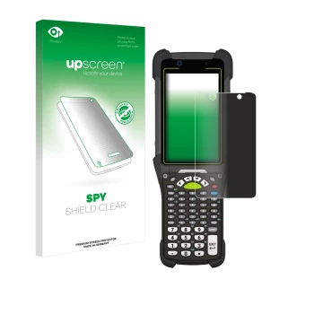 Face avant d’un emballage produit avec le logo de la marque upscreen. À côté, l’appareil Zebra MC9400 est représenté avec la p