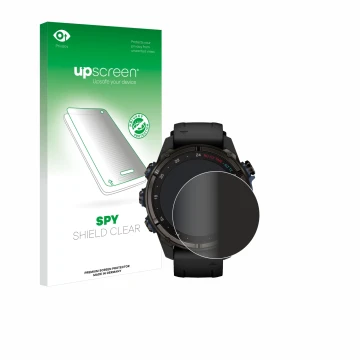 Face avant d’un emballage produit avec le logo de la marque upscreen. À côté, l’appareil Garmin Descent Mk3i (43 mm) est repré