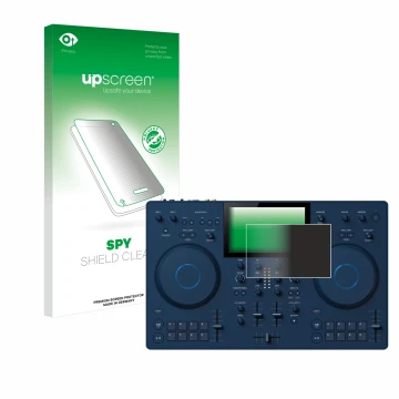 Face avant d’un emballage produit avec le logo de la marque upscreen. À côté, l’appareil AlphaTheta OMNIS-Duo est représenté a