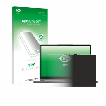Face avant d’un emballage produit avec le logo de la marque upscreen. À côté, l’appareil Lenovo Yoga 9i Gen 9 2-in-1 14