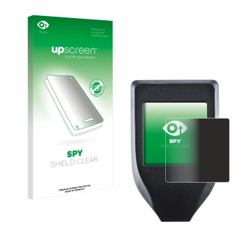 Face avant d’un emballage produit avec le logo de la marque upscreen. À côté, l’appareil Trezor Model T est représenté avec la