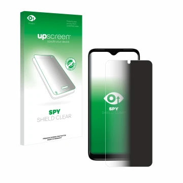 Face avant d’un emballage produit avec le logo de la marque upscreen. À côté, l’appareil Nokia C12 est représenté avec la prot