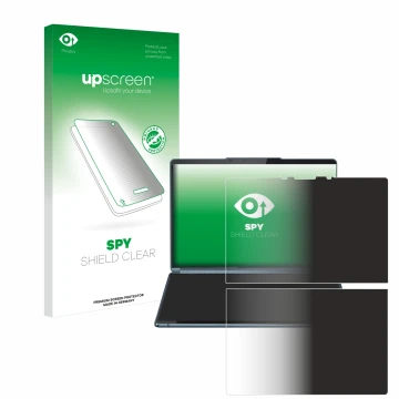 Face avant d’un emballage produit avec le logo de la marque upscreen. À côté, l’appareil Lenovo Yoga Book 9i Gen 9 est représe