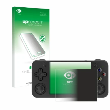 Face avant d’un emballage produit avec le logo de la marque upscreen. À côté, l’appareil Anbernic RG35XX H est représenté avec