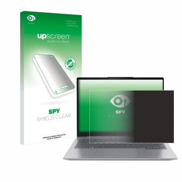 Face avant d’un emballage produit avec le logo de la marque upscreen. À côté, l’appareil Lenovo ThinkBook 16 Gen 6 est représe