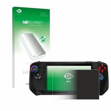 Face avant d’un emballage produit avec le logo de la marque upscreen. À côté, l’appareil MSI Claw A1M est représenté avec la p