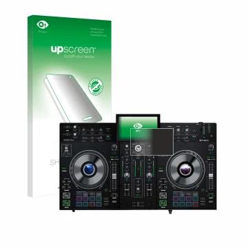 Face avant d’un emballage produit avec le logo de la marque upscreen. À côté, l’appareil Denon DJ Prime 2 est représenté avec 