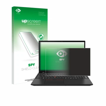 Face avant d’un emballage produit avec le logo de la marque upscreen. À côté, l’appareil Lenovo ThinkPad P16s Gen 2 est représ