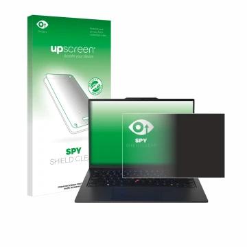 Face avant d’un emballage produit avec le logo de la marque upscreen. À côté, l’appareil Lenovo ThinkPad X1 Carbon Gen 12 14