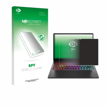 Face avant d’un emballage produit avec le logo de la marque upscreen. À côté, l’appareil HP Omen Transcend 14 est représenté a