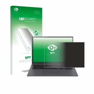 Face avant d’un emballage produit avec le logo de la marque upscreen. À côté, l’appareil LG gram 17