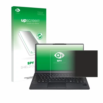 Face avant d’un emballage produit avec le logo de la marque upscreen. À côté, l’appareil Fujitsu Lifebook U9312 est représenté