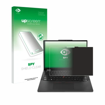 Face avant d’un emballage produit avec le logo de la marque upscreen. À côté, l’appareil Lenovo ThinkPad X13 2-in-1 Gen 5 est 