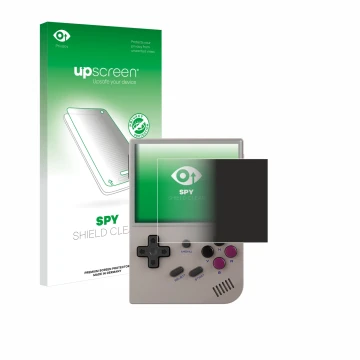 Face avant d’un emballage produit avec le logo de la marque upscreen. À côté, l’appareil Anbernic RG35XX Plus est représenté a