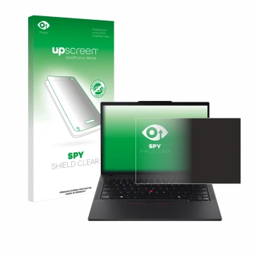 Face avant d’un emballage produit avec le logo de la marque upscreen. À côté, l’appareil Lenovo ThinkPad T14s Gen 5 est représ