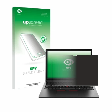 Face avant d’un emballage produit avec le logo de la marque upscreen. À côté, l’appareil Lenovo ThinkPad L13 2-in-1 Gen 5 est 