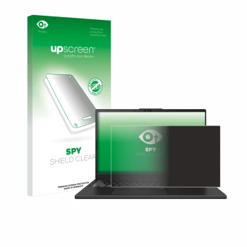 Face avant d’un emballage produit avec le logo de la marque upscreen. À côté, l’appareil ASUS VivoBook Pro 15 OLED N6506 est r