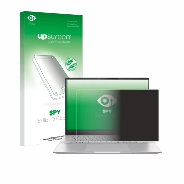 Face avant d’un emballage produit avec le logo de la marque upscreen. À côté, l’appareil ASUS Vivobook S 14 OLED M5406 est rep