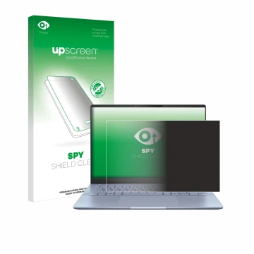Face avant d’un emballage produit avec le logo de la marque upscreen. À côté, l’appareil ASUS Vivobook S 14 OLED S5406 est rep