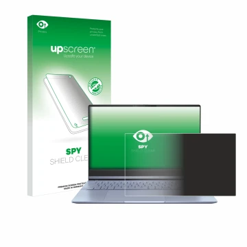 Face avant d’un emballage produit avec le logo de la marque upscreen. À côté, l’appareil ASUS Vivobook S 15 OLED S5506 est rep