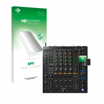 Face avant d’un emballage produit avec le logo de la marque upscreen. À côté, l’appareil Pioneer DJM A9 est représenté avec la