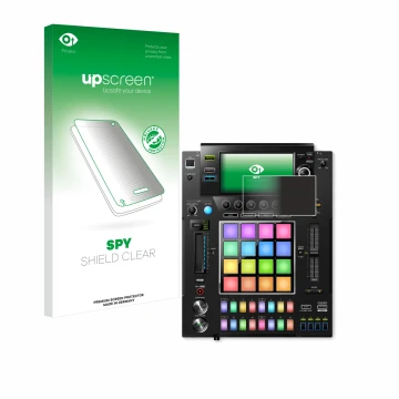Face avant d’un emballage produit avec le logo de la marque upscreen. À côté, l’appareil Pioneer DJS -1000 est représenté avec