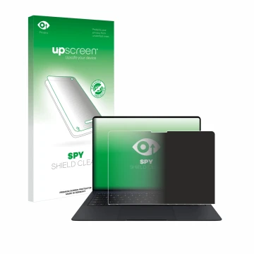 Face avant d’un emballage produit avec le logo de la marque upscreen. À côté, l’appareil Huawei MateBook X Pro 2024 est représ