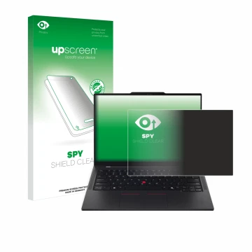 Face avant d’un emballage produit avec le logo de la marque upscreen. À côté, l’appareil Lenovo ThinkPad T14s Gen 6 est représ