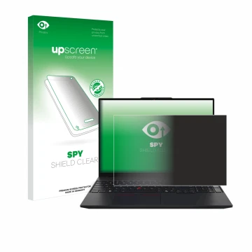 Face avant d’un emballage produit avec le logo de la marque upscreen. À côté, l’appareil Lenovo ThinkPad L16 Gen 1 est représe