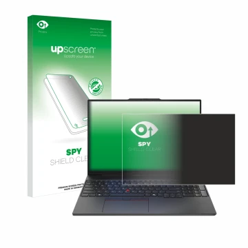 Face avant d’un emballage produit avec le logo de la marque upscreen. À côté, l’appareil Lenovo ThinkPad E16 Gen 2 est représe