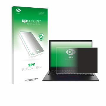 Face avant d’un emballage produit avec le logo de la marque upscreen. À côté, l’appareil Lenovo ThinkPad L13 Gen 5 est représe