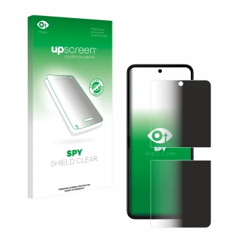 Face avant d’un emballage produit avec le logo de la marque upscreen. À côté, l’appareil Motorola Razr 50 est représenté avec 