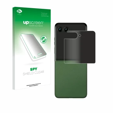 Face avant d’un emballage produit avec le logo de la marque upscreen. À côté, l’appareil Motorola Razr 50 (Affichage arrière) 