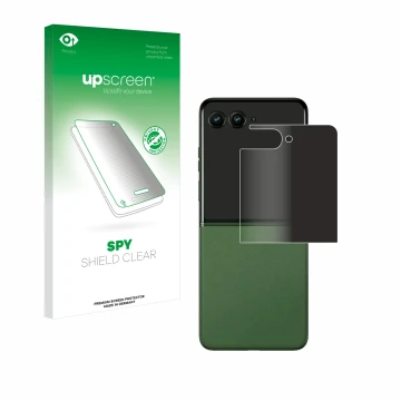 Face avant d’un emballage produit avec le logo de la marque upscreen. À côté, l’appareil Motorola Razr 50 Ultra (Affichage arr