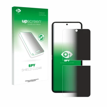 Face avant d’un emballage produit avec le logo de la marque upscreen. À côté, l’appareil Samsung Galaxy Z Flip 6 est représent