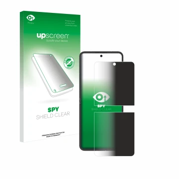 Face avant d’un emballage produit avec le logo de la marque upscreen. À côté, l’appareil Nubia Flip 5G est représenté avec la 